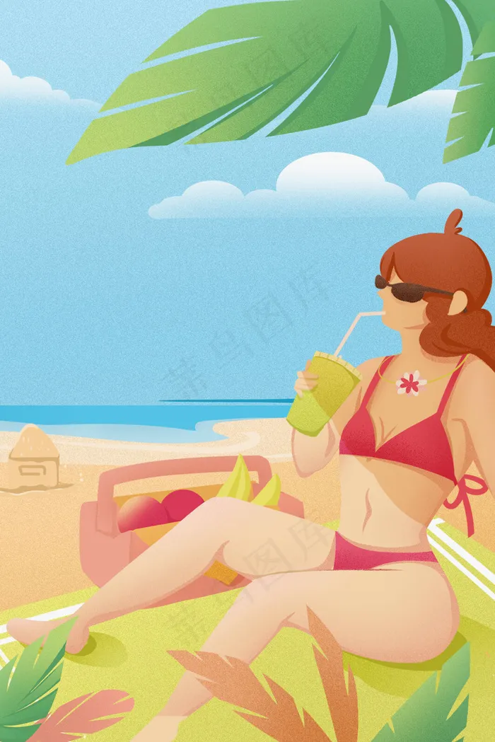 蓝色清新噪点扁平风大暑夏日海滩度假