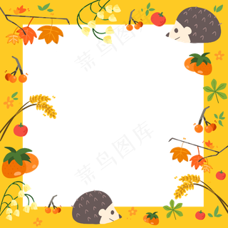 秋日落叶金黄装饰刺猬果实边框,免抠元素