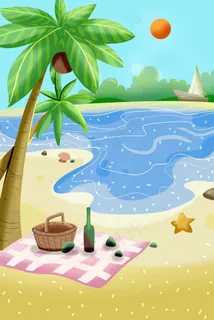 卡通手绘风五月你好海边风景配图