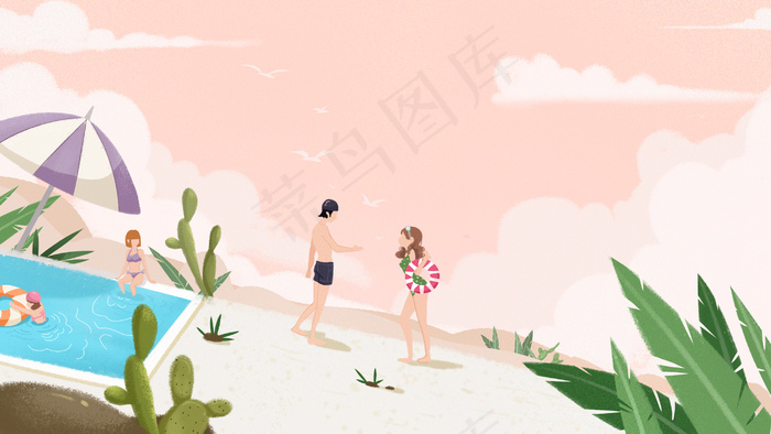 夏日夏至清凉海滩游泳粉色爱情(2880*1620px 300 dpi )psd模版下载