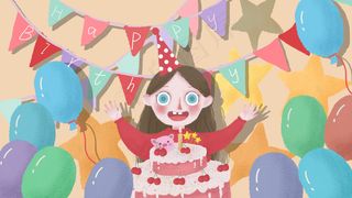 生日蛋糕粉色系女孩扁平风噪点风