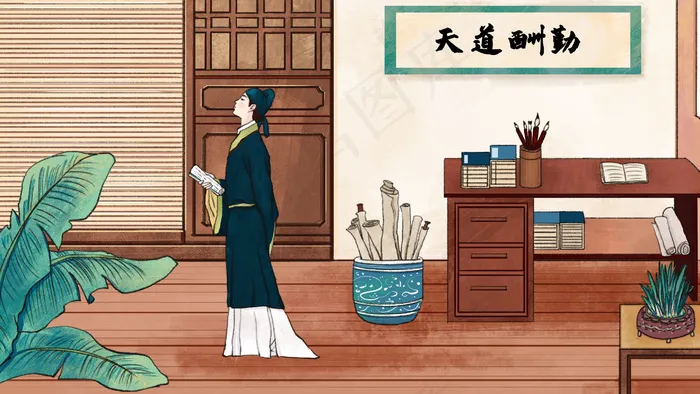古风学习主题之男子在书房之中学习背书(2880*1620px 300 dpi )psd模版下载