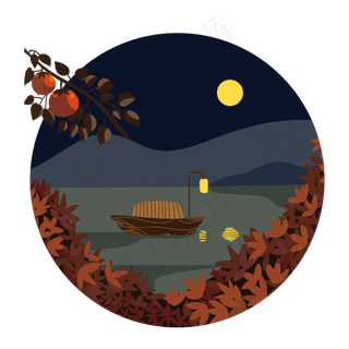 二十四节气夜泊红叶霜降赏月PNG图,免抠元素