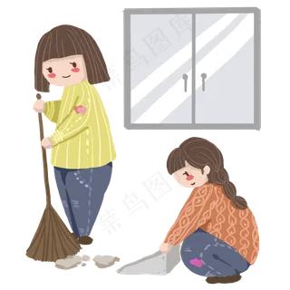 小年亲情母女合作扫地,免抠元素 小年亲情母女合作扫地,免抠元素