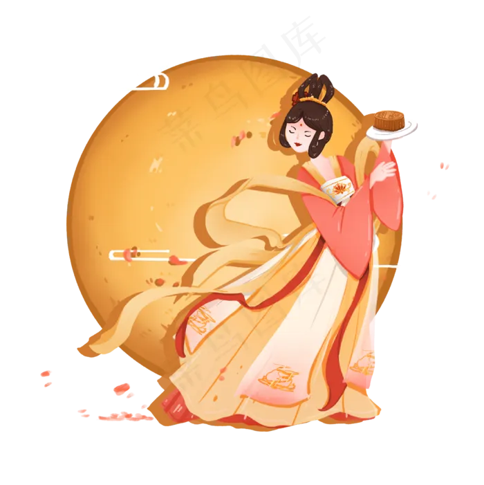 中秋节暖色手端月饼的嫦娥飞天形,免抠元素(2429*2431px 300 dpi )psd模版下载