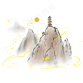 中国风山上的塔和月亮,免抠元素