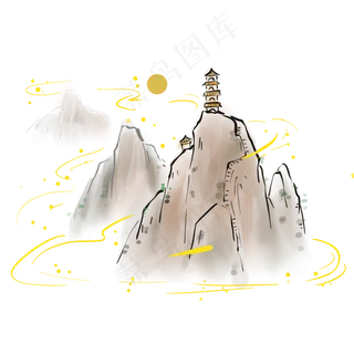 中国风山上的塔和月亮,免抠元素