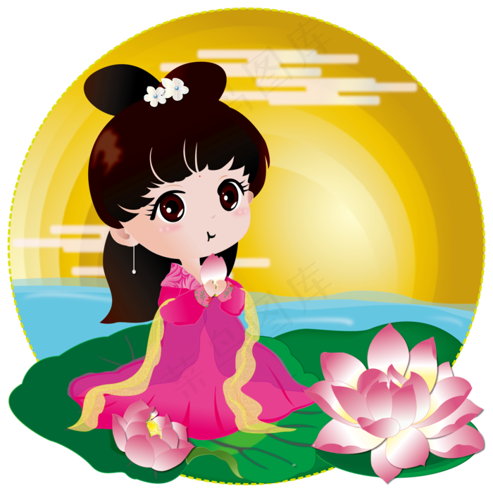 手绘花之荷花荷叶卡通何仙姑女孩