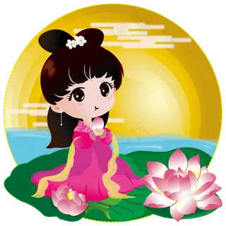 手绘花之荷花荷叶卡通何仙姑女孩