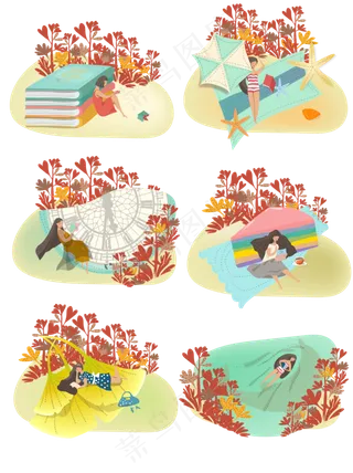 看书女孩套图阅读场景元素海边秋