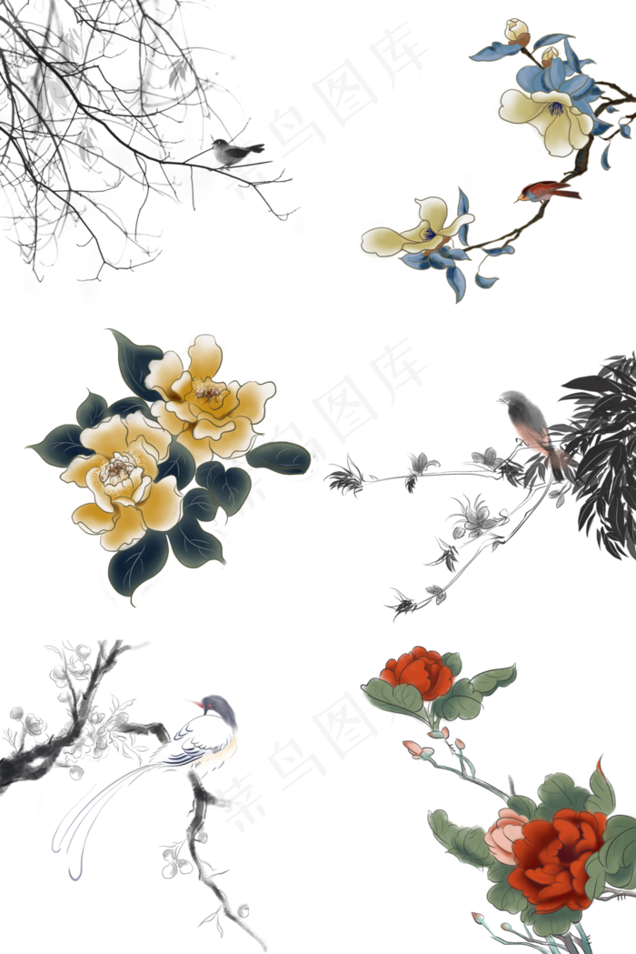 中国风水墨彩色国画手绘工笔装饰,免抠元素
