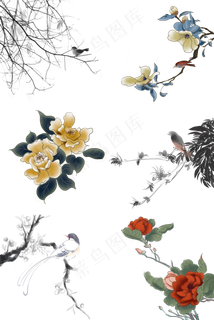 中国风水墨彩色国画手绘工笔装饰,免抠元素