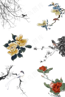 中国风水墨彩色国画手绘工笔装饰,免抠元素