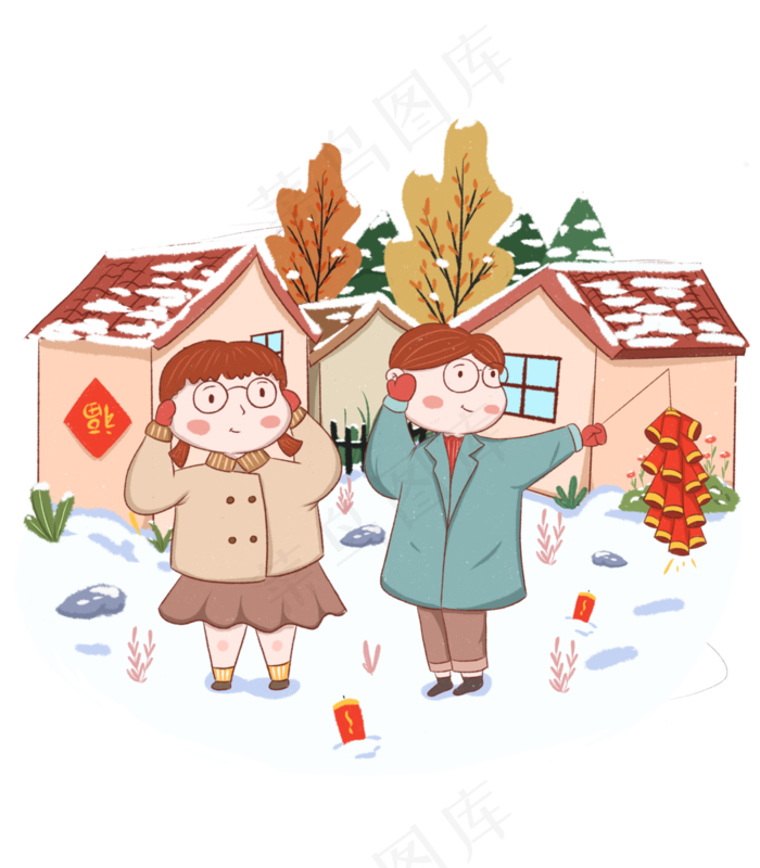 手绘小清新新年放炮仗的情侣下载,免抠元素(3500*4000px 300 dpi )psd模版下载