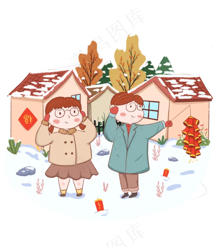 手绘小清新新年放炮仗的情侣下载,免抠元素(3500*4000px 300 dpi )psd模版下载
