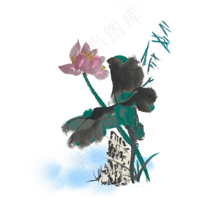 夏天荷花墨迹手绘插画