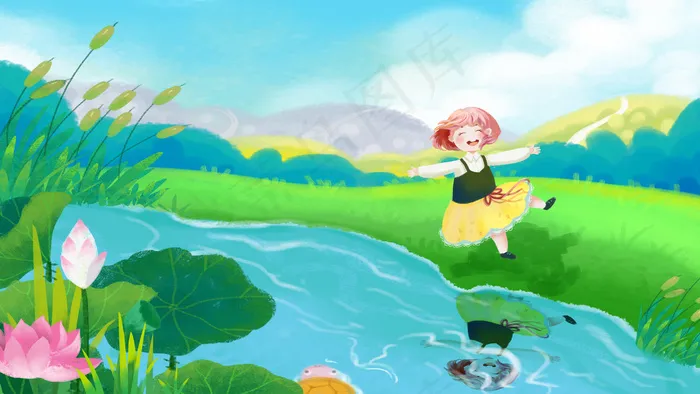 立夏绿色女孩湖边玩耍