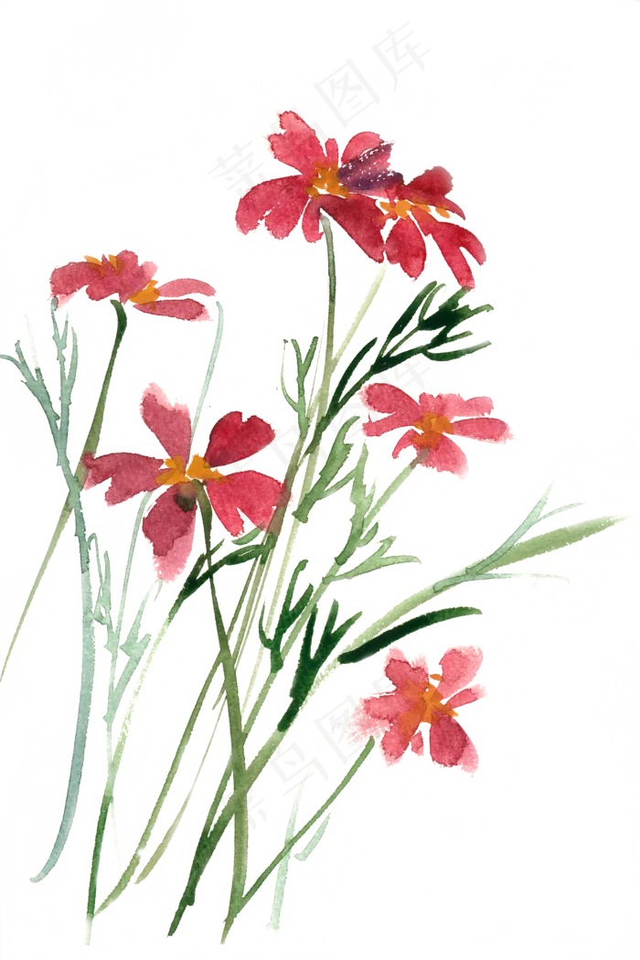 红色的小花水彩画PNG免抠素材