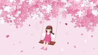花瓣飞舞的樱花树下小女孩在荡秋千