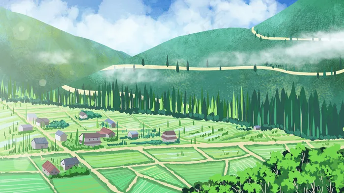 夏天乡村田园田野房屋风景(2880*1620px 300 dpi )psd模版下载