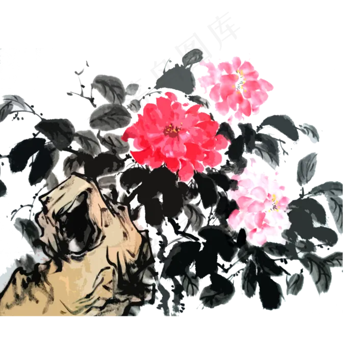 春天红花牡丹桃红PNG水墨国画写意,免抠元素