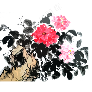 春天红花牡丹桃红PNG水墨国画写意,免抠元素