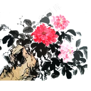 春天红花牡丹桃红PNG水墨国画写意,免抠元素