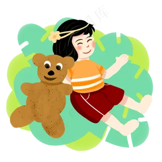 儿童节扁平风手绘和玩具熊躺在一