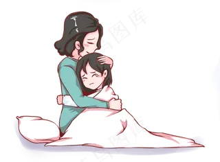 卡通手绘委屈的女孩拥抱妈妈,免抠元素