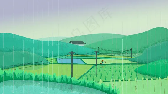 扁平化雨中乡村山谷