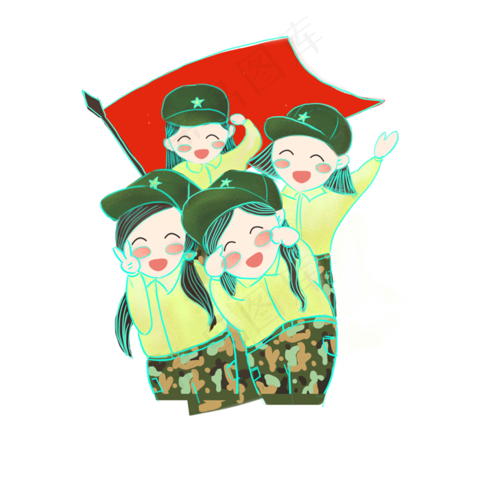 穿绿色迷彩服的可爱小女服和红旗(2000X2000(DPI:72))psd模版下载