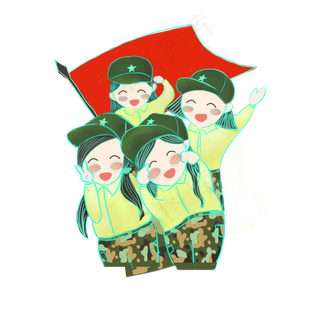 穿绿色迷彩服的可爱小女服和红旗