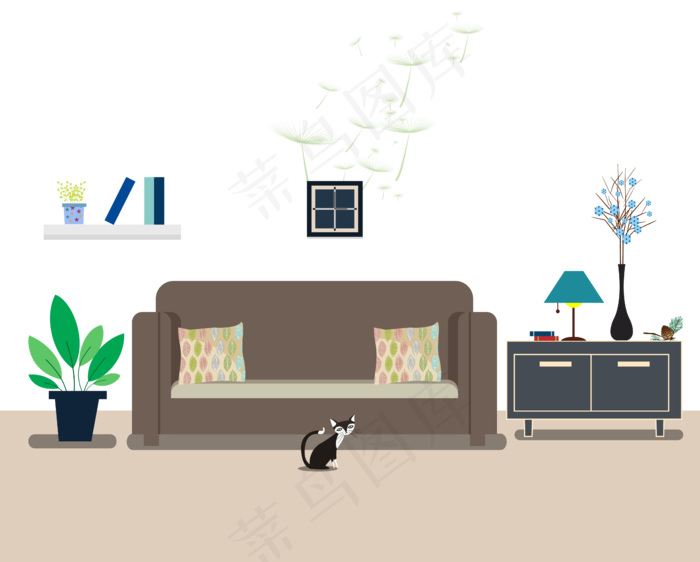 手绘雅致客厅的矢量图,免抠元素(4743*3810px)ai矢量模版下载