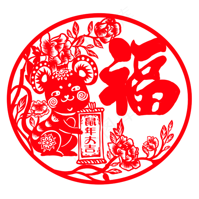 2020 年春节红色鼠年剪纸,免抠元素(3000X3000(DPI:299))psd模版下载
