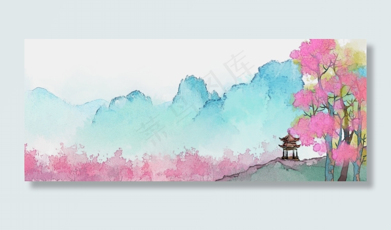 南山花期古风水墨风景PNG素材,免抠元素