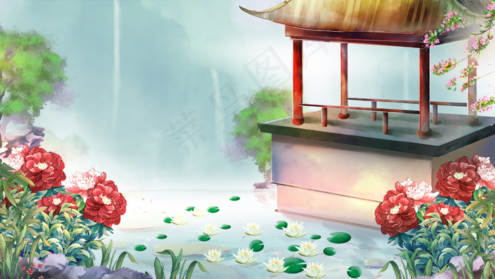 中国风国色牡丹园林睡莲夏季山水风景