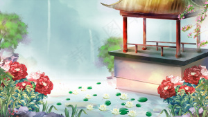 中国风国色牡丹园林睡莲夏季山水风景