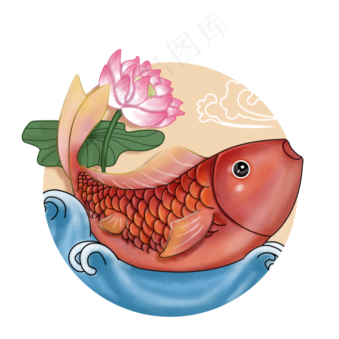 手绘锦鲤荷花金鱼转运锦鲤