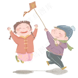 鼠年2020年孩童放风筝跳跃,免抠元素