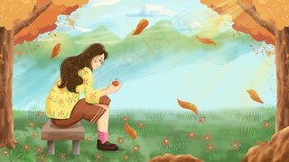 秋天女孩捧着金苹果