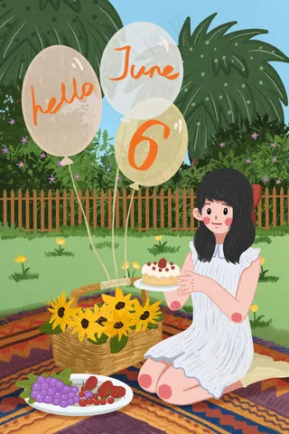 六月你好野餐的女孩和气球