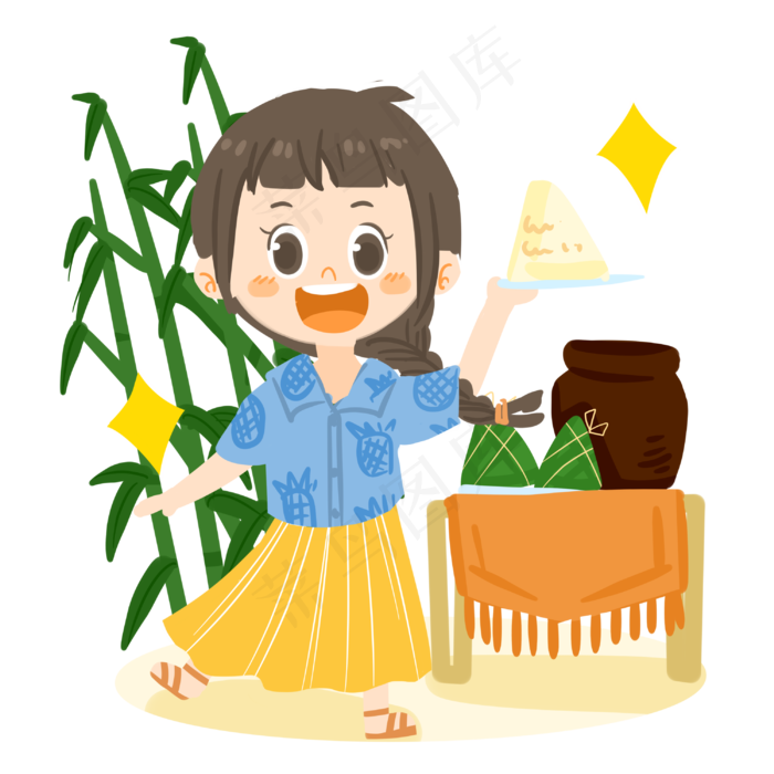 端午节卡通女孩举粽子PNG素材