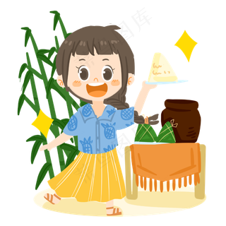 端午节卡通女孩举粽子PNG素材