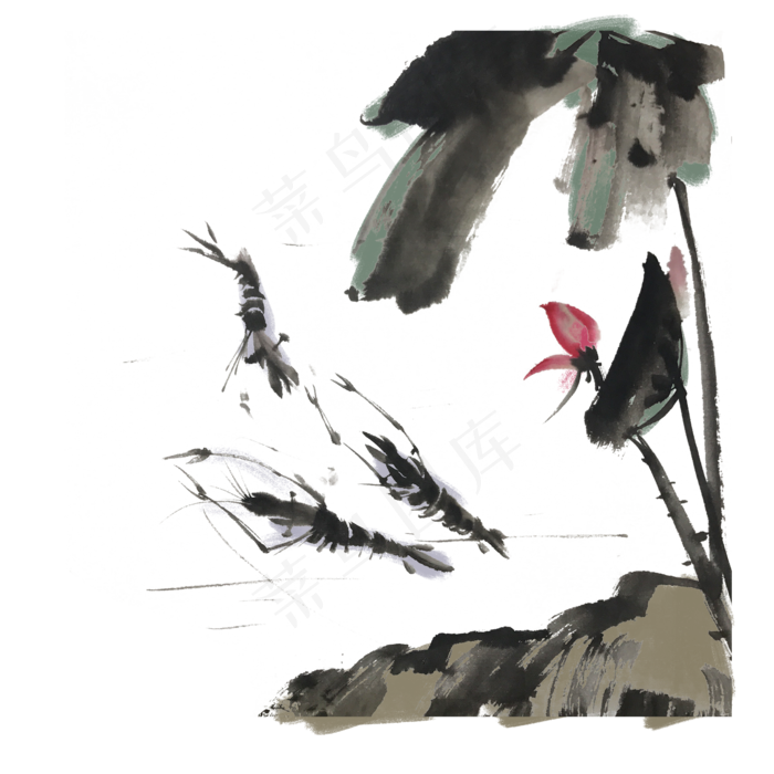 水墨虾中国风手绘(2000X2000(DPI:300))psd模版下载