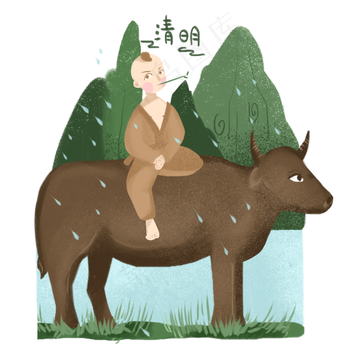 清明节日牧童骑牛免抠图(2000X2000(DPI:300))psd模版下载