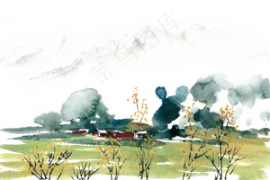 雪山下的村庄水彩画PNG免抠素材