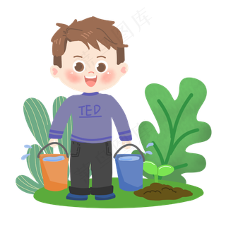 植树节卡通男生提水PNG素材,免抠元素