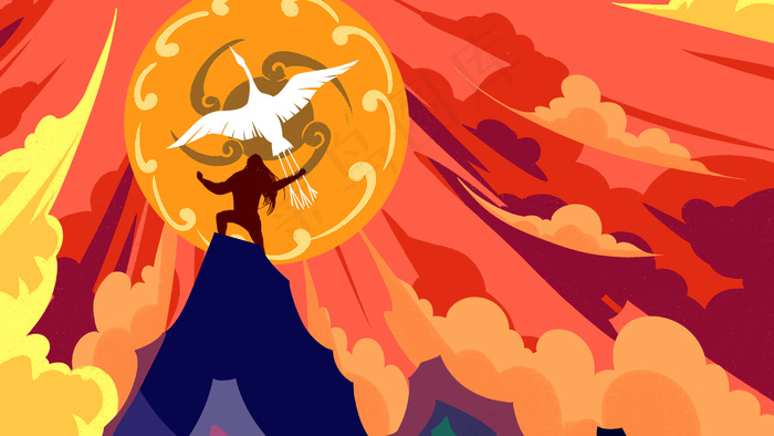 红色系卡通手绘风神话系列太阳鸟配图(2880*1620px 300 dpi )psd模版下载