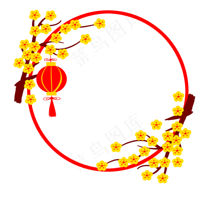 大红灯笼梅花枝圆形边框,免抠元素(2000X2000(DPI:300))psd模版下载