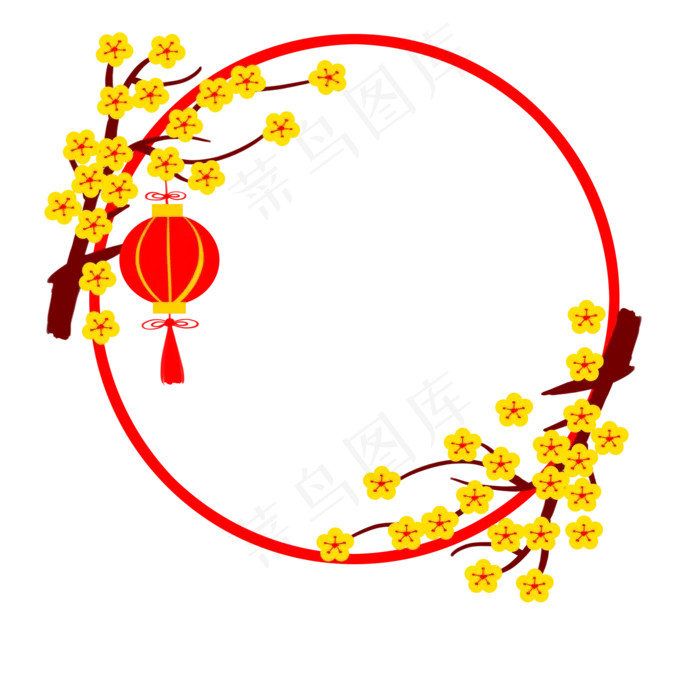 大红灯笼梅花枝圆形边框,免抠元素
